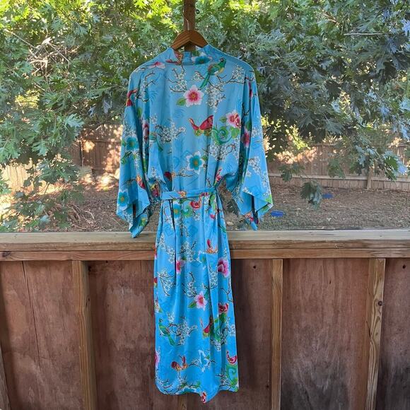 Natori Women's Blue Floral Bird Print Kimono Sleeve Robe Full Length Size M - Picture 2 of 11